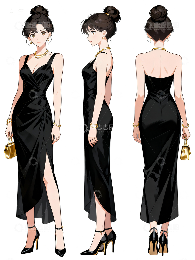 源文件下载【趣麦麦图】二次元礼服美女三视图3