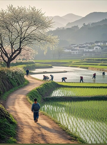 田园风光乡村劳作风景画