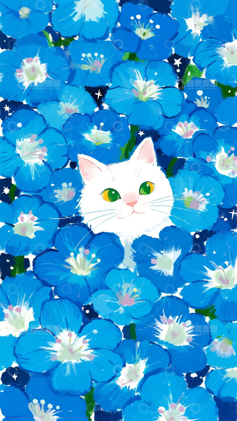 高清大图下载【趣麦麦图】幽蓝花海中的白猫私语