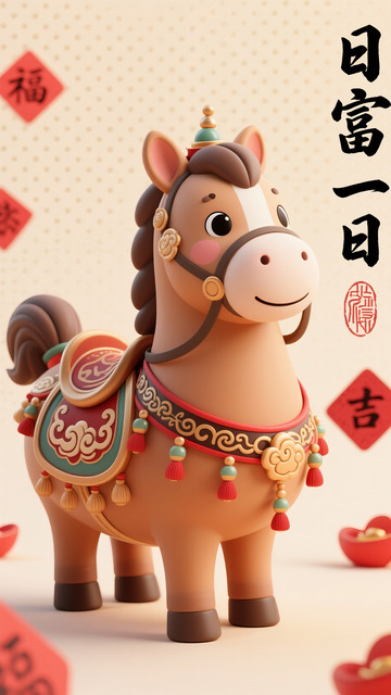 祥云流苏间的萌趣福运小马