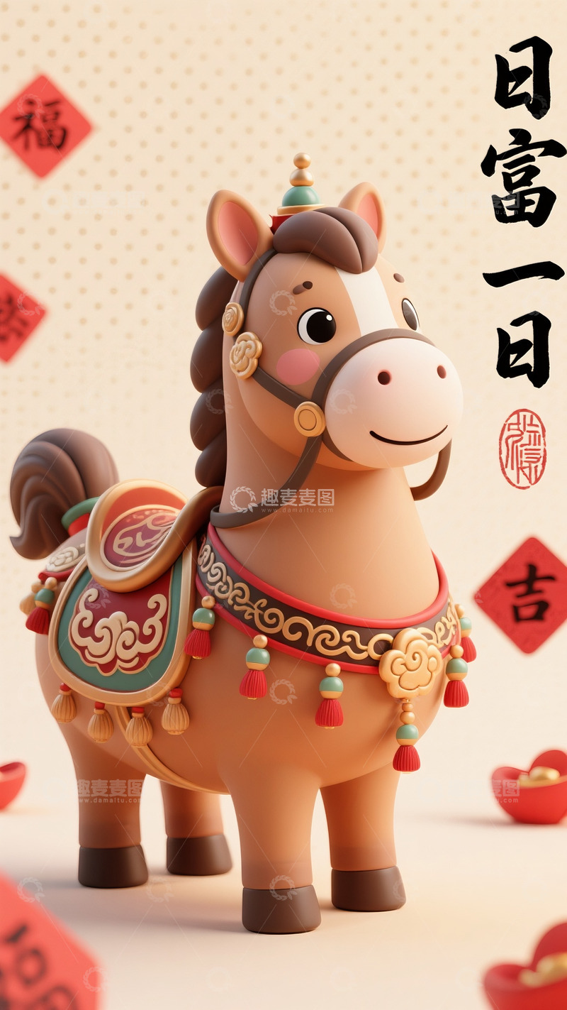 高清大图下载【趣麦麦图】-祥云流苏间的萌趣福运小马