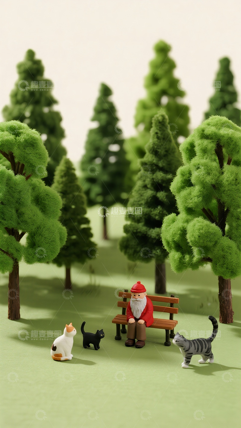 高清大图下载【趣麦麦图】微缩森林里的猫咪陪伴