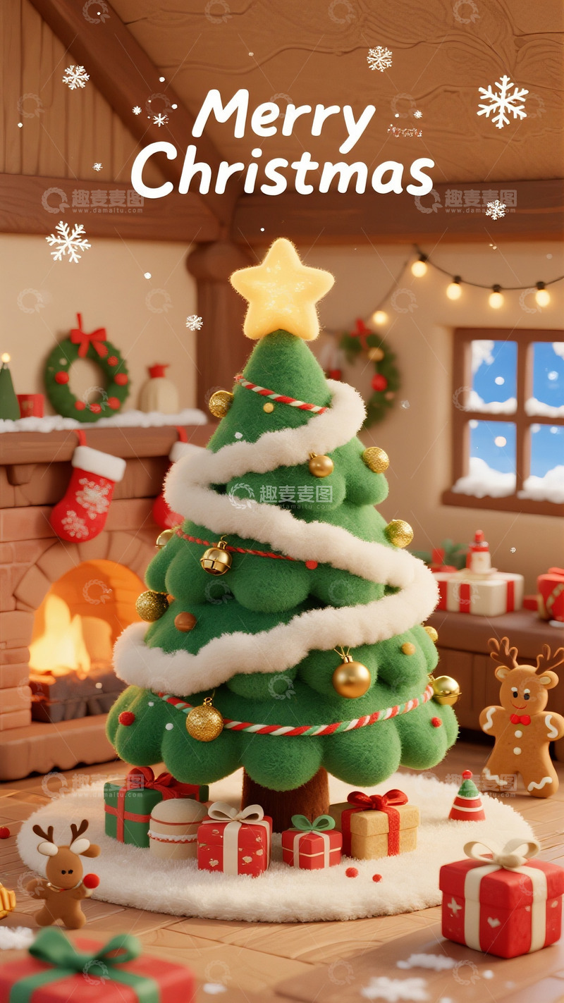 高清大图下载【趣麦麦图】壁炉旁裹着绒雪的圣诞小树