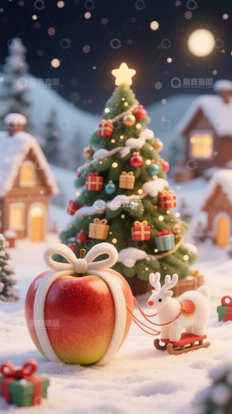 高清大图下载【趣麦麦图】雪林里苹果拉着的驯鹿雪橇
