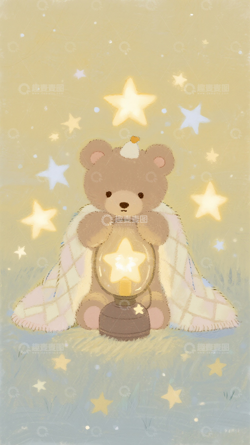 高清大图下载【趣麦麦图】星夜暖光里的小熊守梦