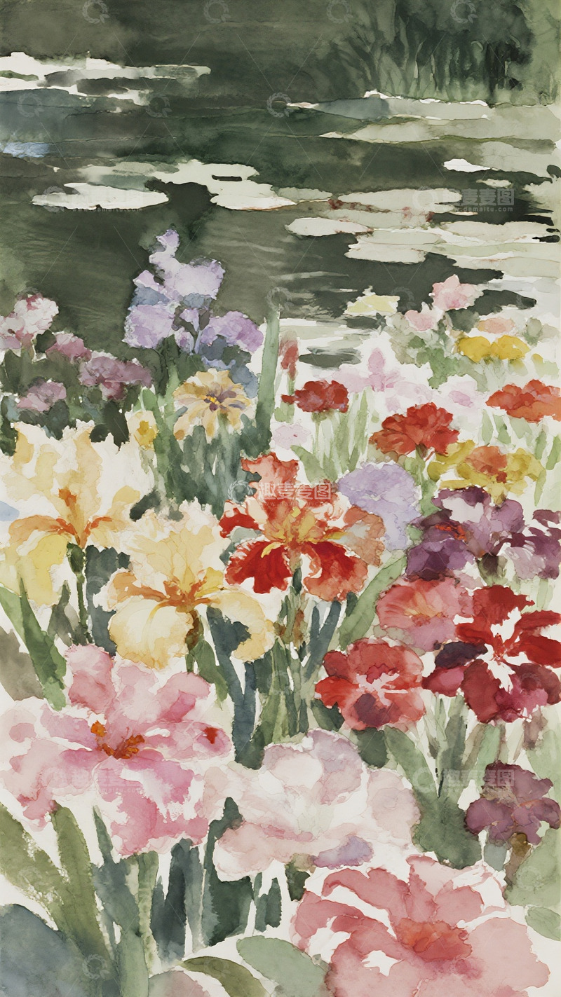 高清大图下载【趣麦麦图】水畔鸢尾的水彩柔波