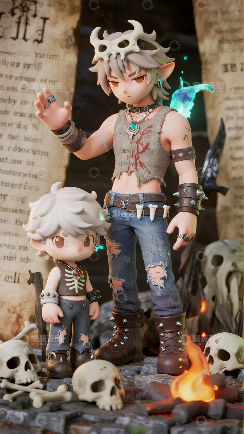 高清大图下载【趣麦麦图】暗黑秘境里的精灵少年与幼崽