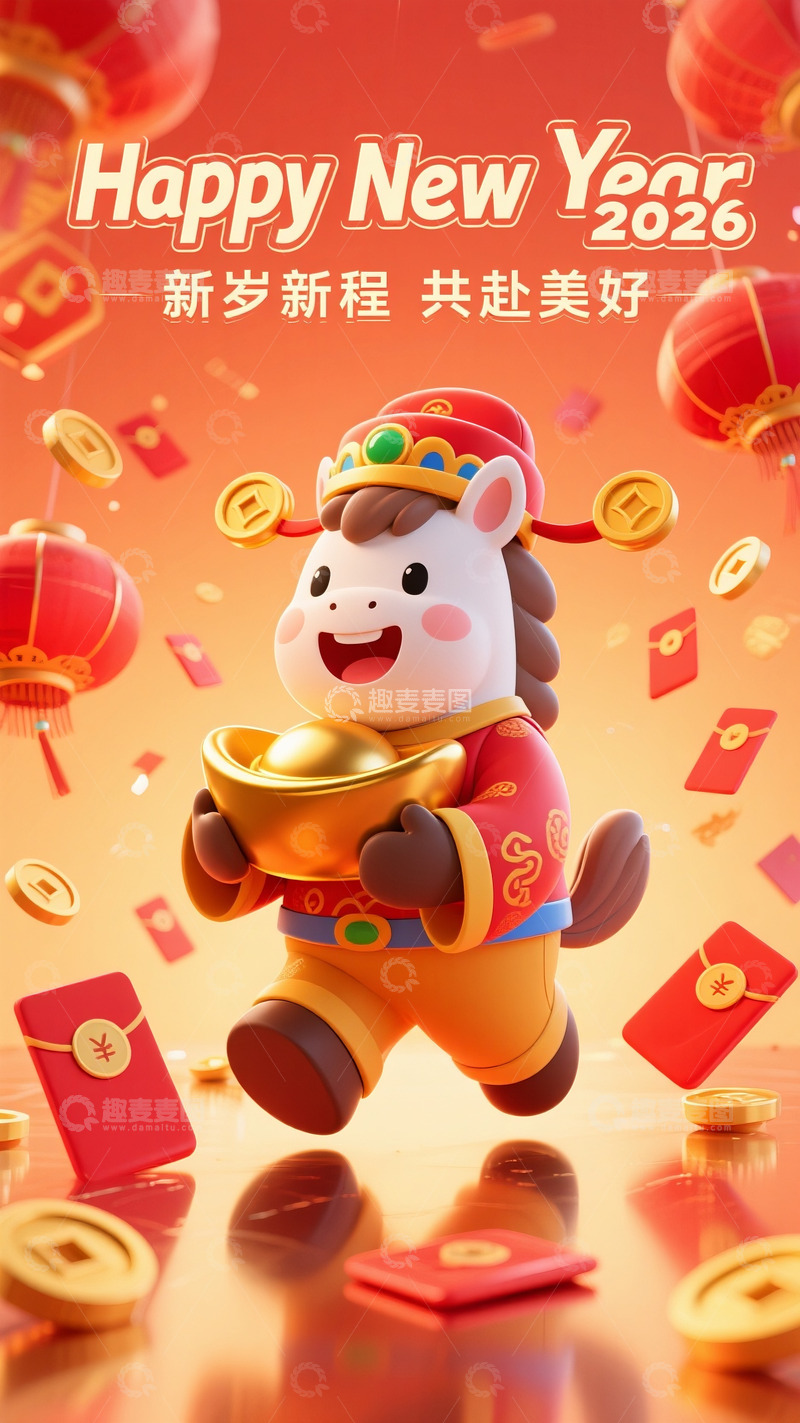 高清大图下载【趣麦麦图】2026 新年里抱金元宝的福运萌马