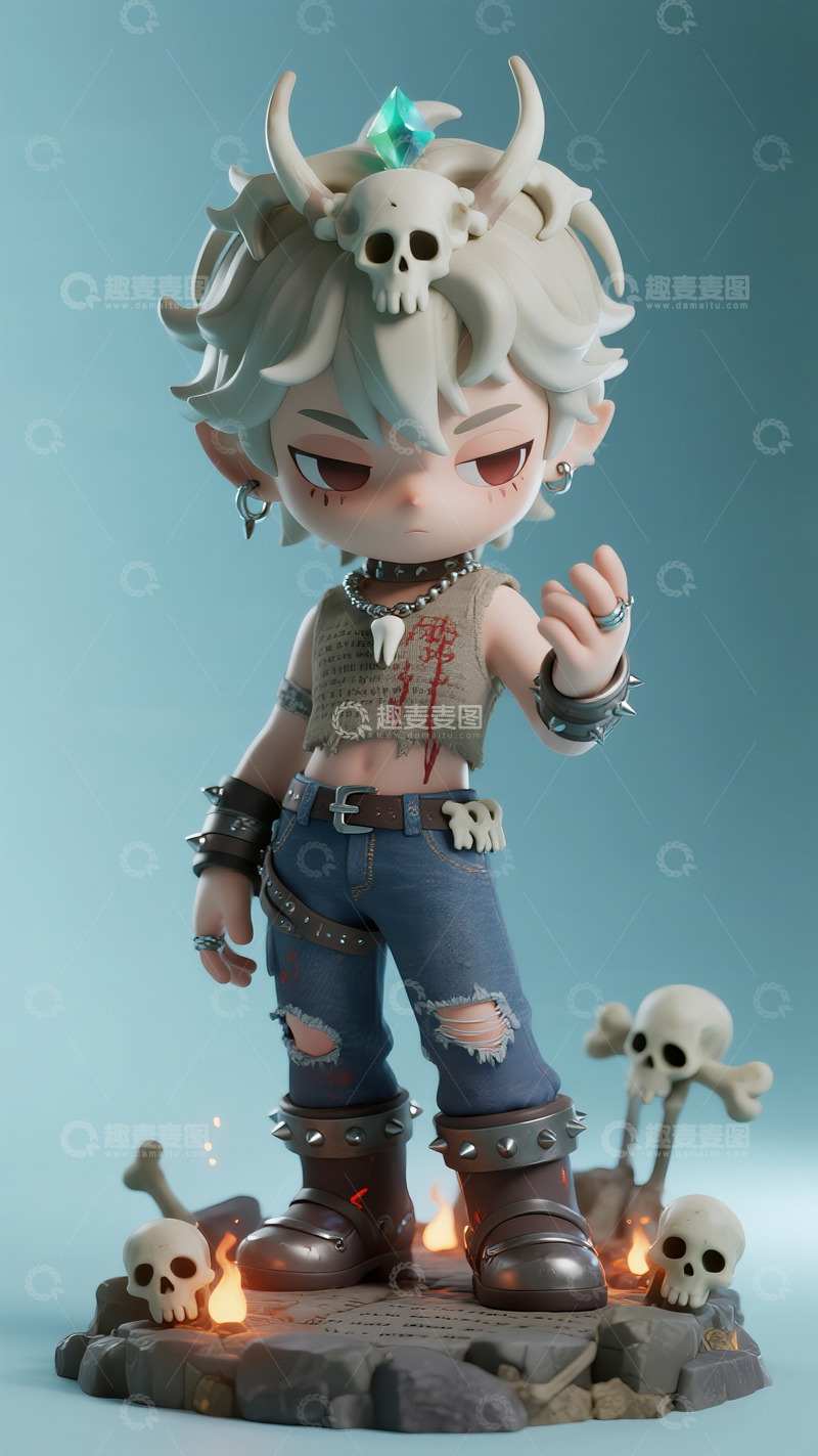 高清大图下载【趣麦麦图】骷髅火焰中的暗黑精灵少年