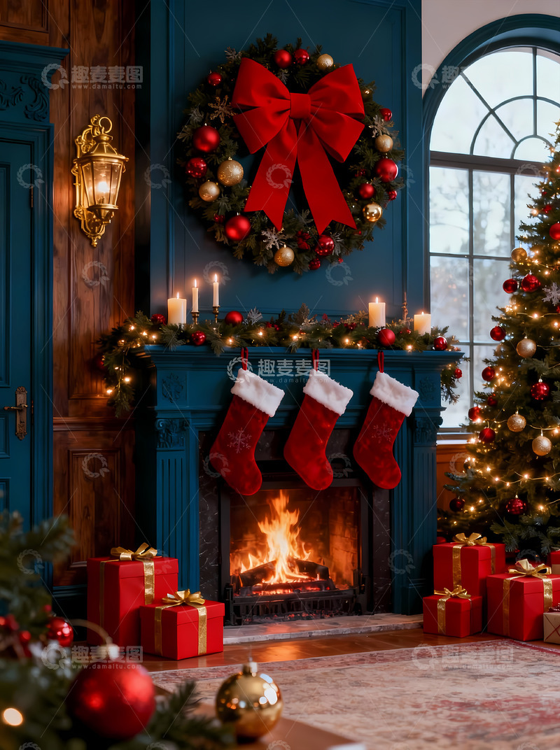 高清大图下载【趣麦麦图】圣诞节壁炉装饰场景