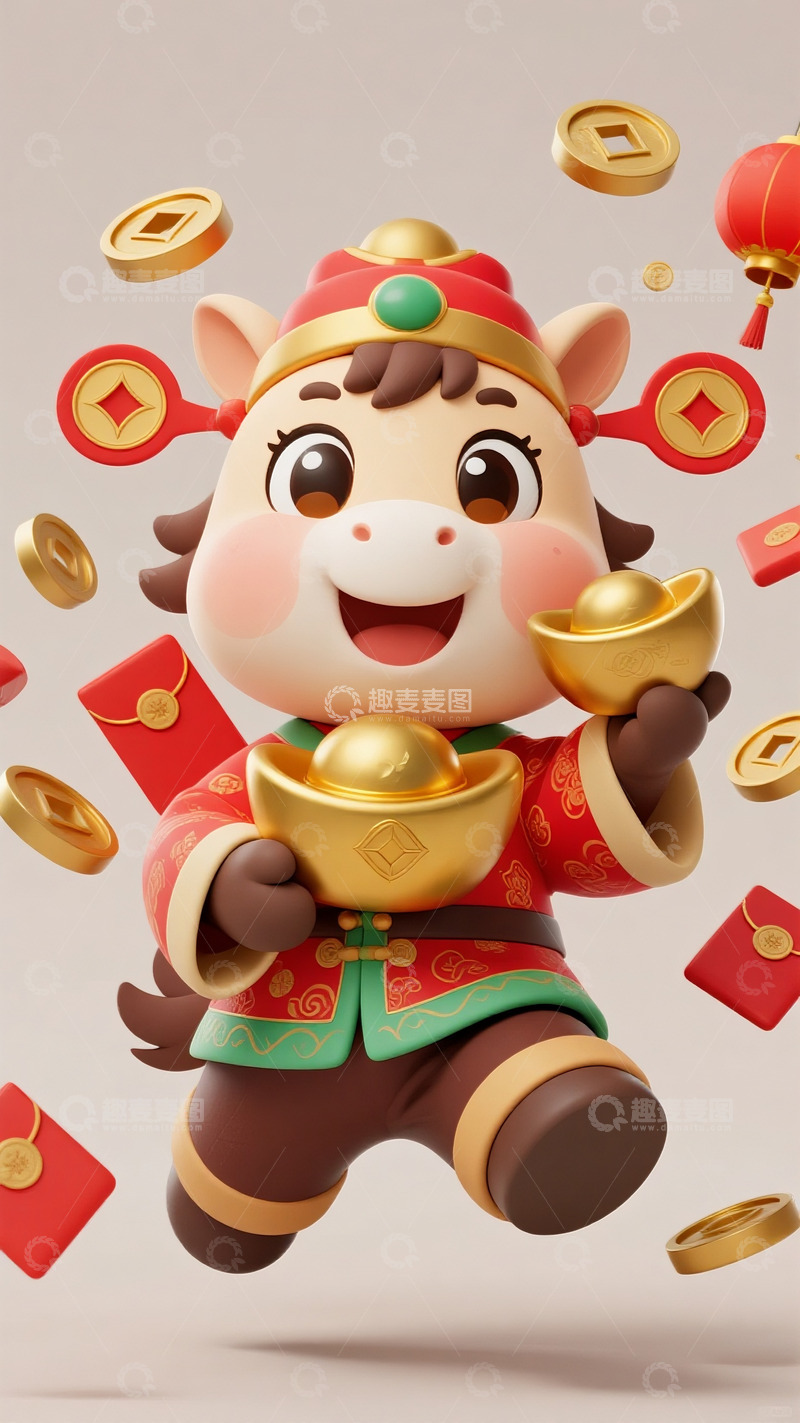 高清大图下载【趣麦麦图】-抱金元宝的新年福运萌马