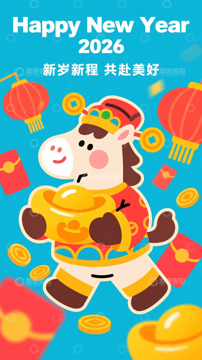 高清大图下载【趣麦麦图】-2026 新年抱金元宝的福运萌马