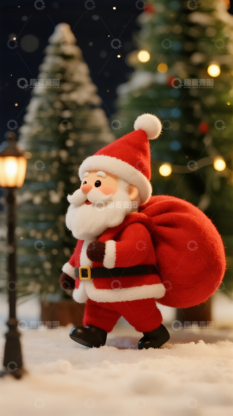 高清大图下载【趣麦麦图】雪夜路灯下的圣诞礼物使者