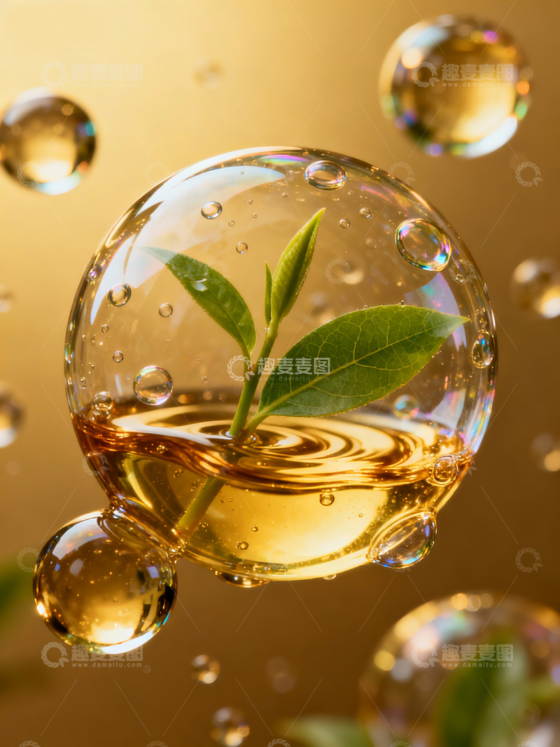 源文件下载【趣麦麦图】金色油状液体气泡裹住嫩叶1
