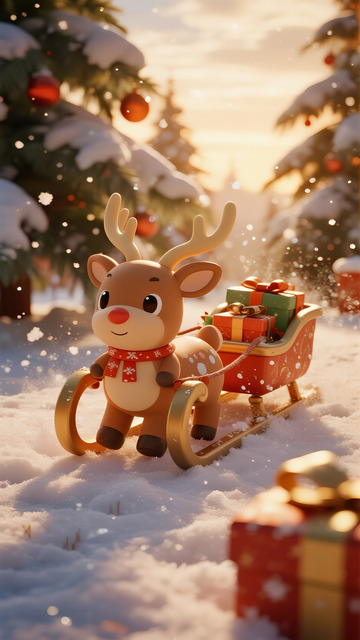 暖阳雪地里的驯鹿礼物雪橇