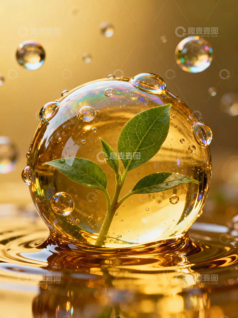 源文件下载【趣麦麦图】金色油状液体气泡裹住嫩叶3