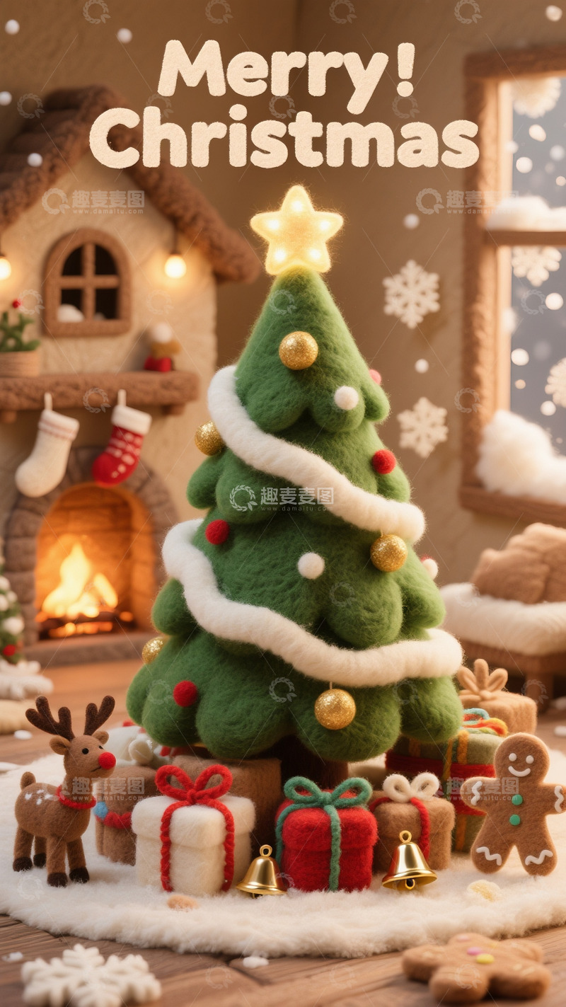 高清大图下载【趣麦麦图】壁炉旁裹绒雪的圣诞毛绒树