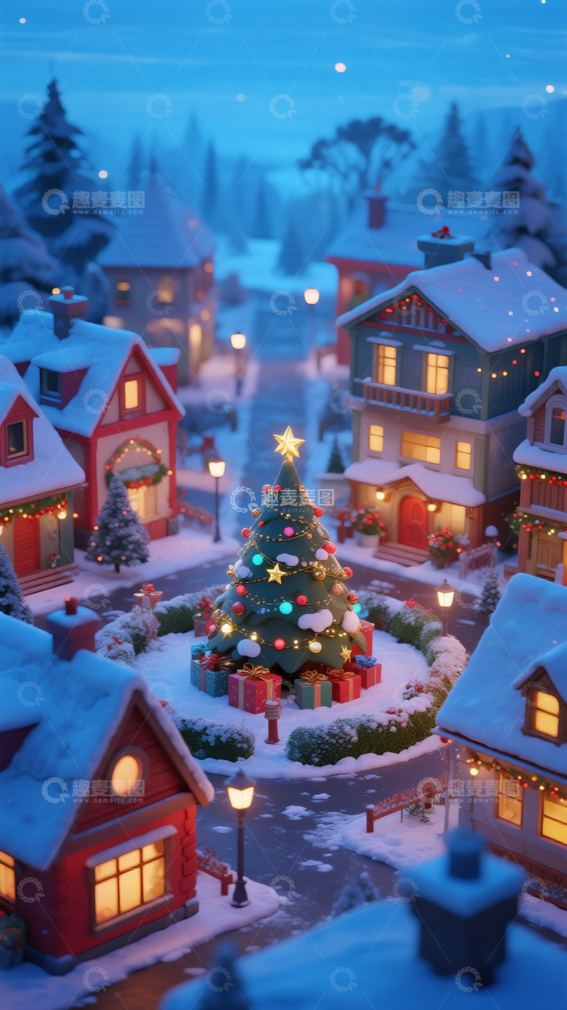 高清大图下载【趣麦麦图】雪覆屋舍的圣诞小镇中央树