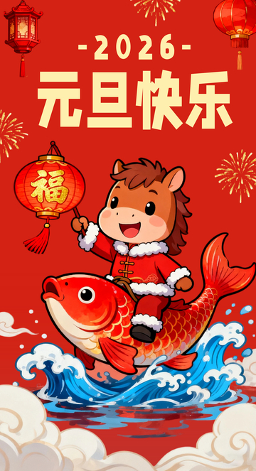 2026新年卡通马骑鱼庆元旦节日插画海报