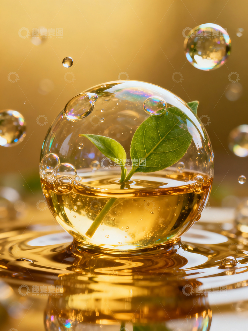 源文件下载【趣麦麦图】金色油状液体气泡裹住嫩叶4