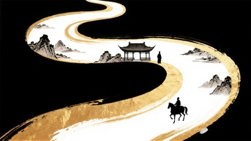 水墨风古道骑马风景插画