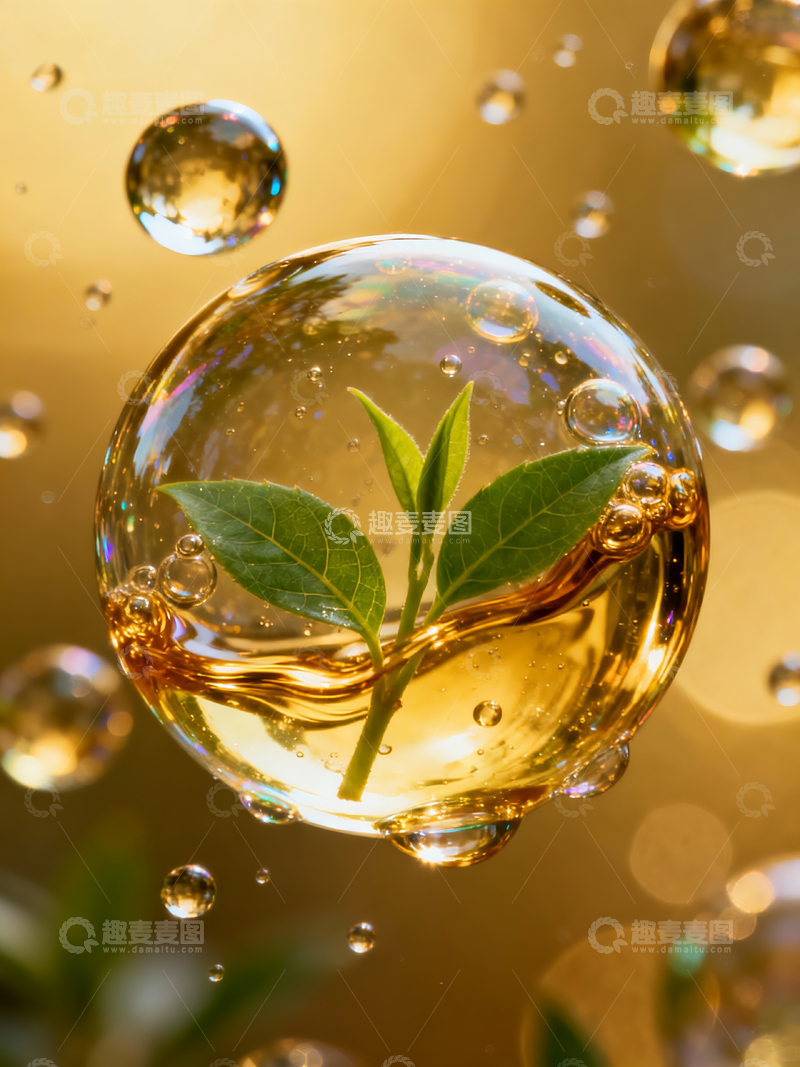 源文件下载【趣麦麦图】金色油状液体气泡裹住嫩叶2