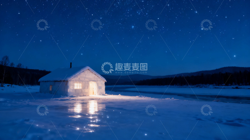高清大图下载【趣麦麦图】雪夜小屋星光映