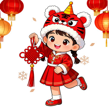 卡通春节欢庆小女孩插画素材