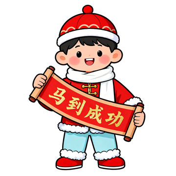 新年卡通男孩祝福卷轴插画素材