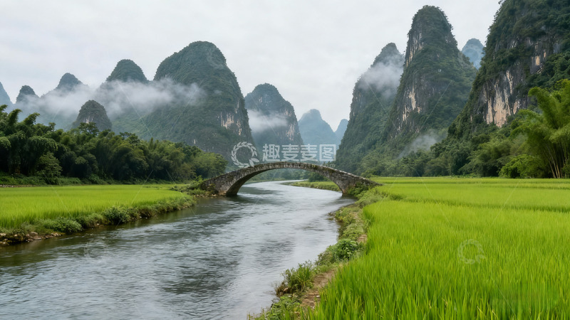 高清大图下载【趣麦麦图】山水田园石桥风光