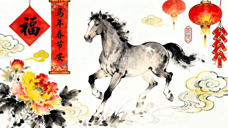 高清大图下载【趣麦麦图】水墨马年喜庆装饰画