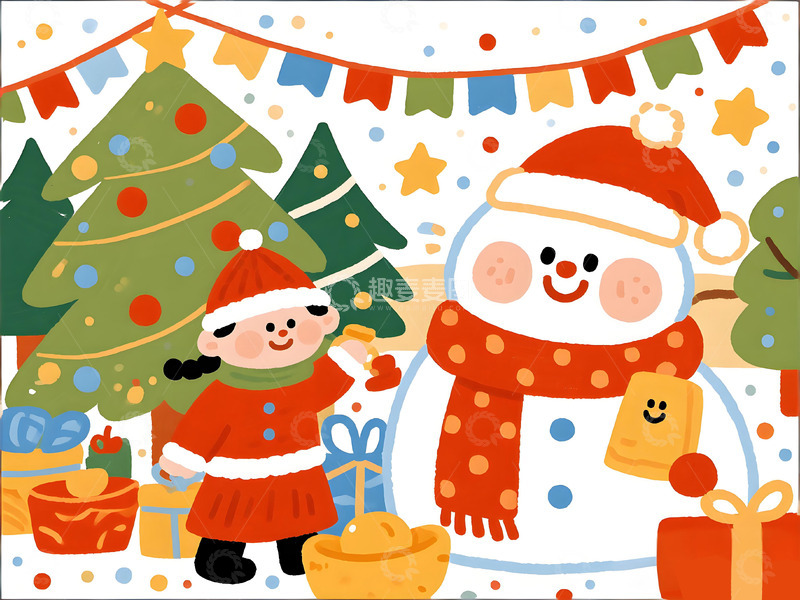 高清大图下载【趣麦麦图】卡通圣诞节雪人小孩庆祝插画