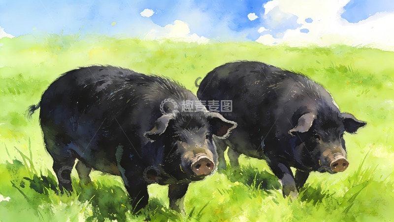 高清大图下载【趣麦麦图】两只散步的黑毛猪