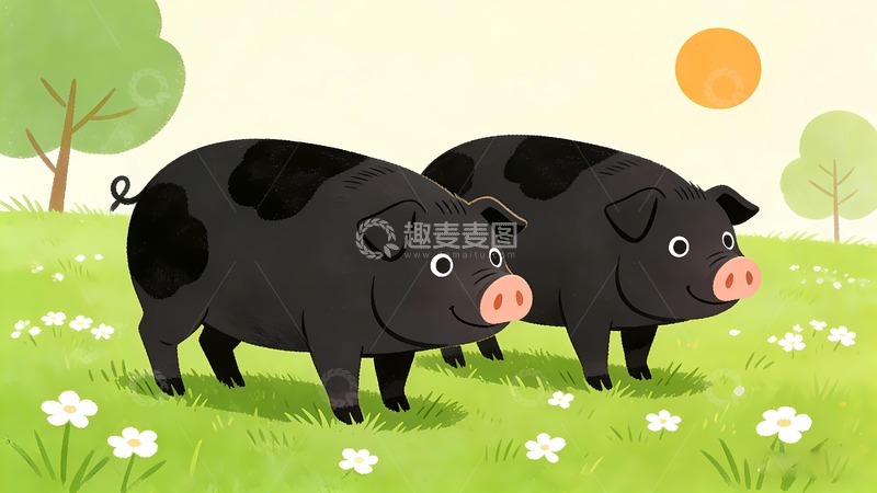 高清大图下载【趣麦麦图】两只卡通黑毛猪