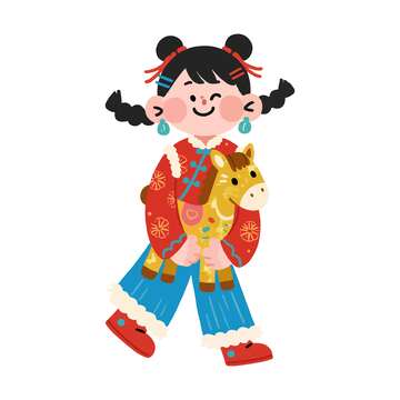 卡通女孩木马插画