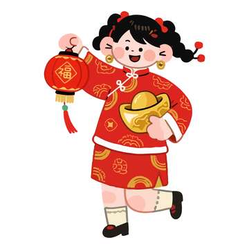 卡通新年女孩喜庆插画