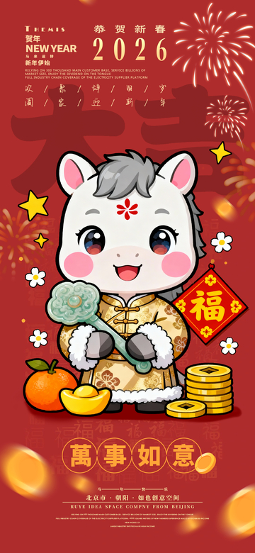 卡通小白马玉如意喜庆元旦新年春节海报