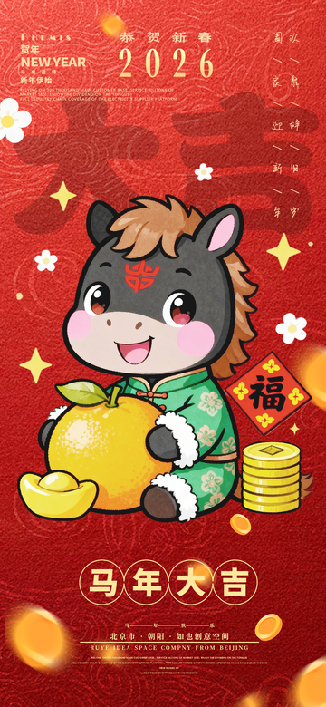 扁平卡通小黑马喜庆元旦新年春节海报