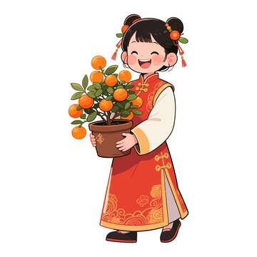 喜庆春节女孩桔树插画