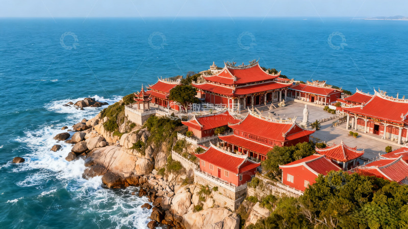 高清大图下载【趣麦麦图】海边的红色古建筑风光