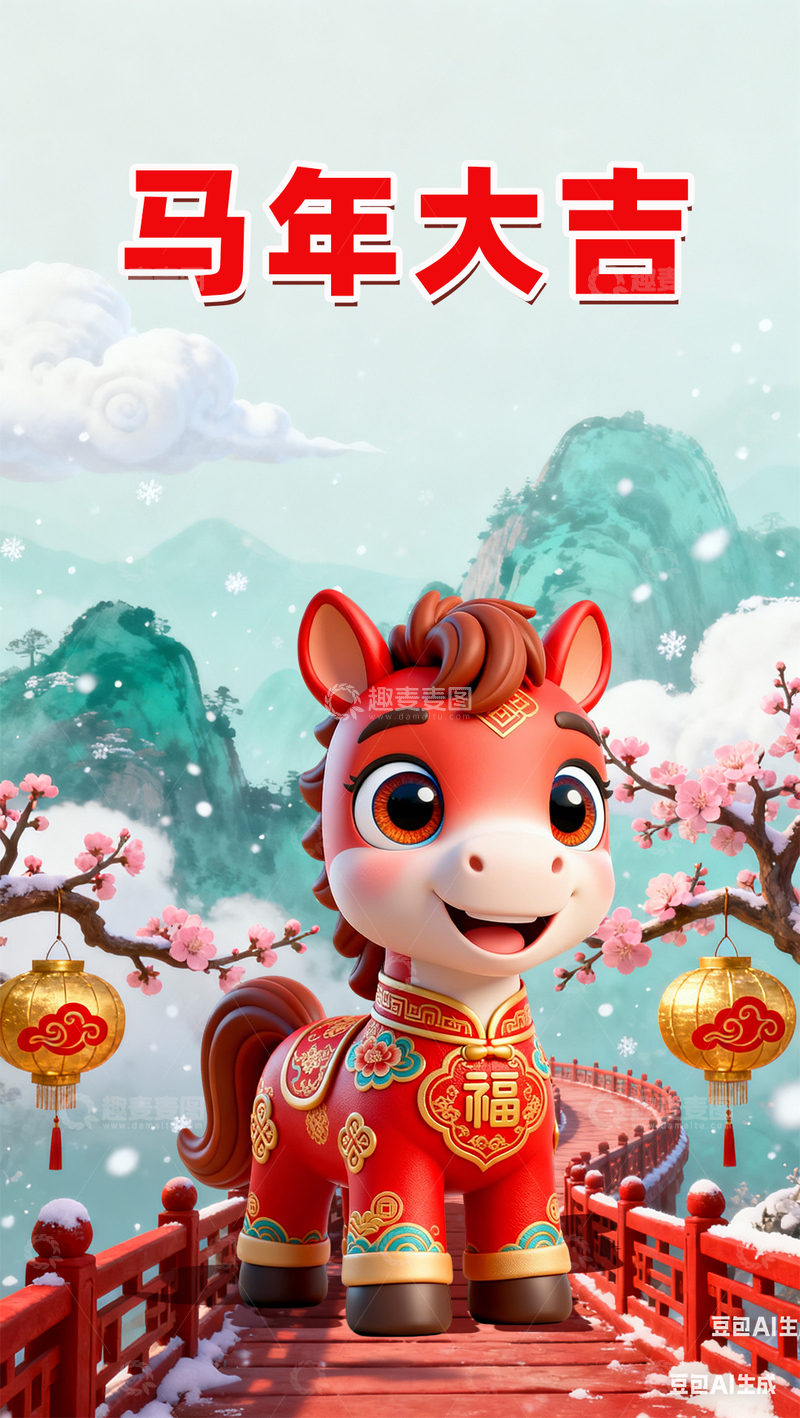 源文件下载【趣麦麦图】-国潮中国风青绿卡通小马马年海报