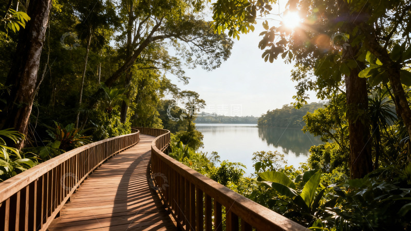 高清大图下载【趣麦麦图】森林木板路日出景观