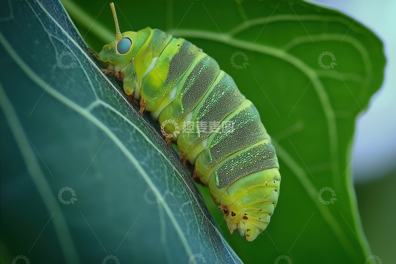 高清大图下载【趣麦麦图】趴在绿叶上的一只青菜虫