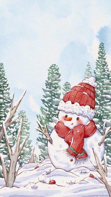 冬日雪景可爱雪人水彩画