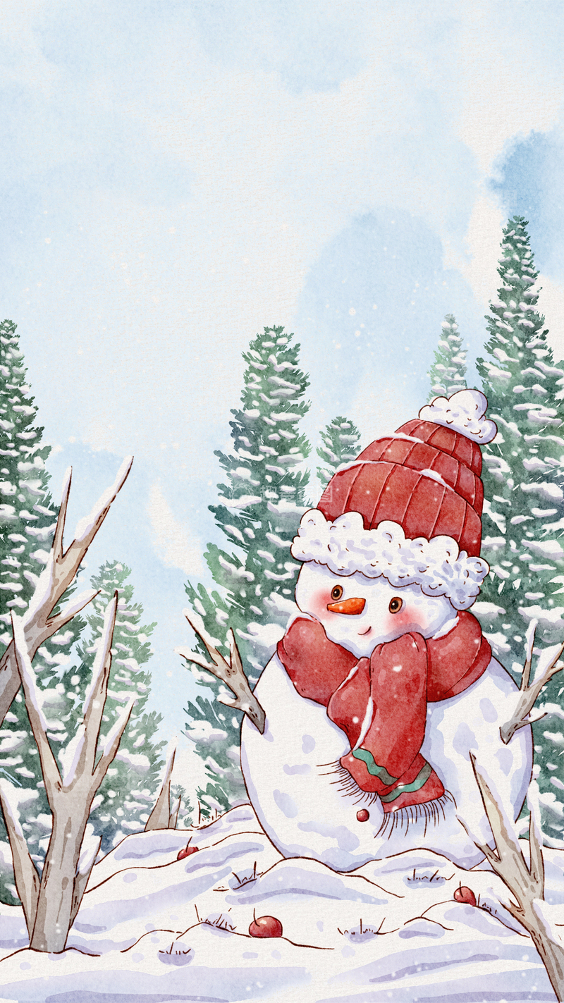 源文件下载【趣麦麦图】-冬日雪景可爱雪人水彩画