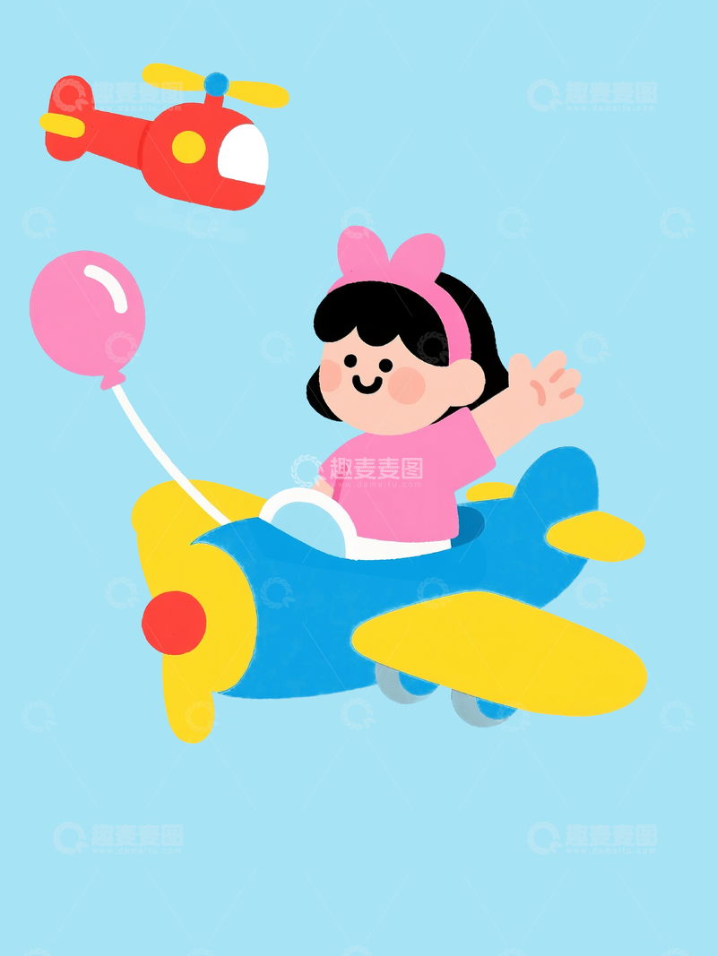源文件下载【趣麦麦图】扁平风格插画开飞机的小女孩1