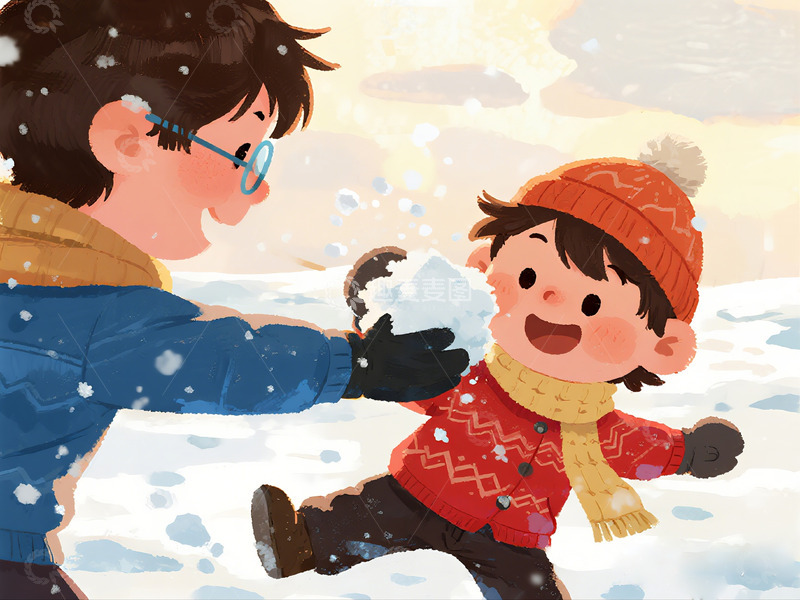 高清大图下载【趣麦麦图】冬日欢乐雪地玩耍插画