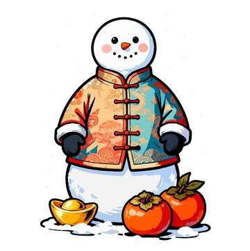 雪人穿唐装迎新年插画素材