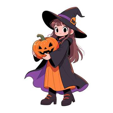 万圣节小女巫南瓜卡通素材