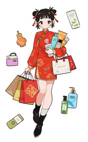 动漫少女新年购物插画